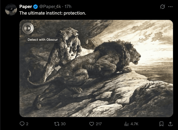 An x.com post with the Obscur detect button overlaid on the image